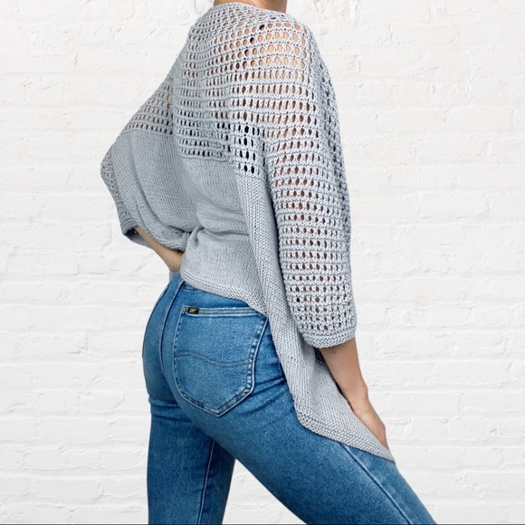 HANDMADE | Misty Grey Blue Lace Knit Flowy Open Front Cardigan Duster Coverup - Picture 4 of 8